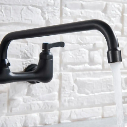Matte black dual handle kitchen faucet with swivel hot cold water tap featuring curved spout and blue accent handle