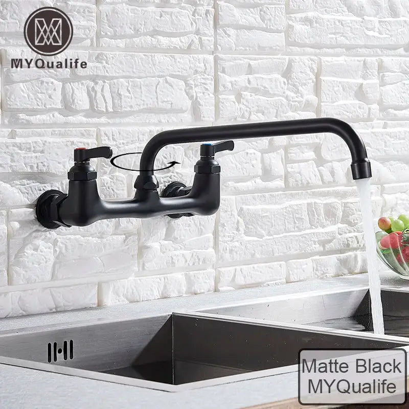 Matte black myqualife wall-mounted kitchen faucet with dual handle design and swivel hot cold water tap curved spout