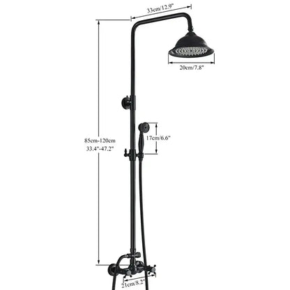 Matte black dual handle shower mixer faucet with curved arm fixed rainhead and handheld spray nozzle bathroom set
