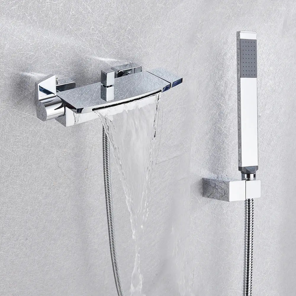 Matte black dual handle mixer tap with chrome finished waterfall faucet and attached handheld showerhead by decorbites