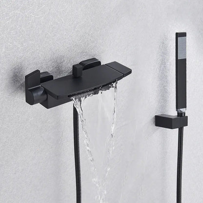 Matte black dual handle waterfall mixer tap with integrated handheld spray head for bathroom decorbites dual handle design