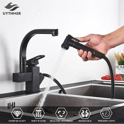 Matte black dual spout kitchen faucet by decorbites with pull out spray mixer and flexible hose in black matte finish