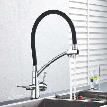 Matte black decorbites dual spout kitchen faucet with chrome finish flexible hose and dual handles for water purification
