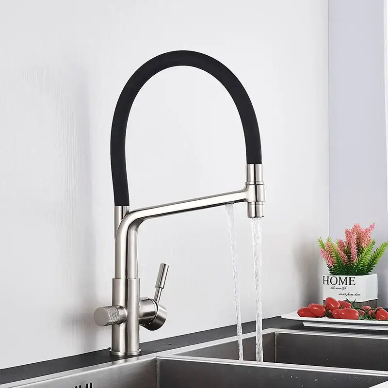 Matte black dual spout kitchen water filter faucet with sleek curved rubber hose and stainless steel body 360 rotation
