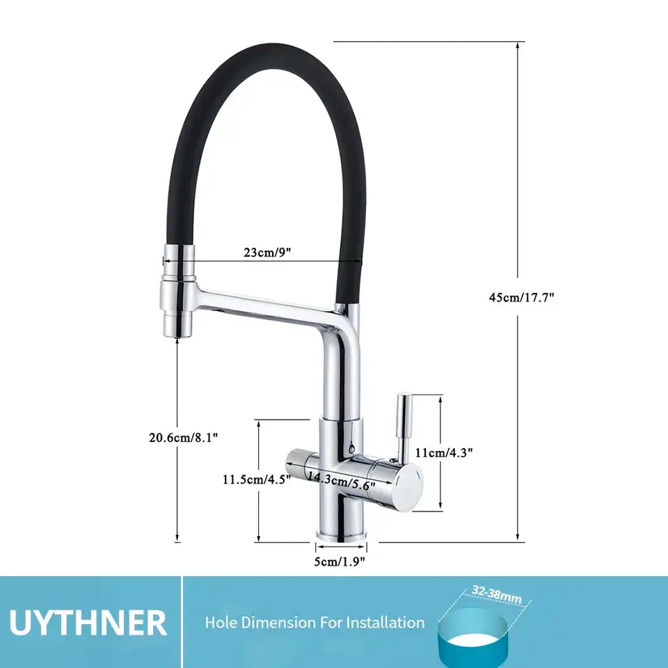 Chrome finished kitchen faucet with black flexible hose single lever handle for matte black dual spout kitchen water filter use
