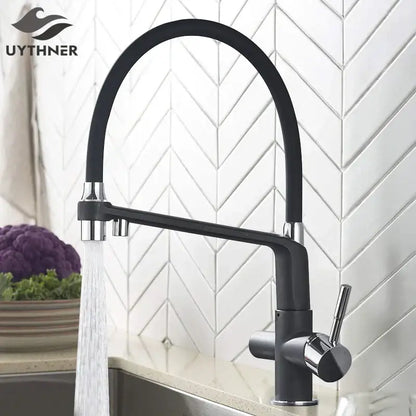 Matte black dual spout water filter faucet with a sleek curved spout and chrome accents for kitchen use