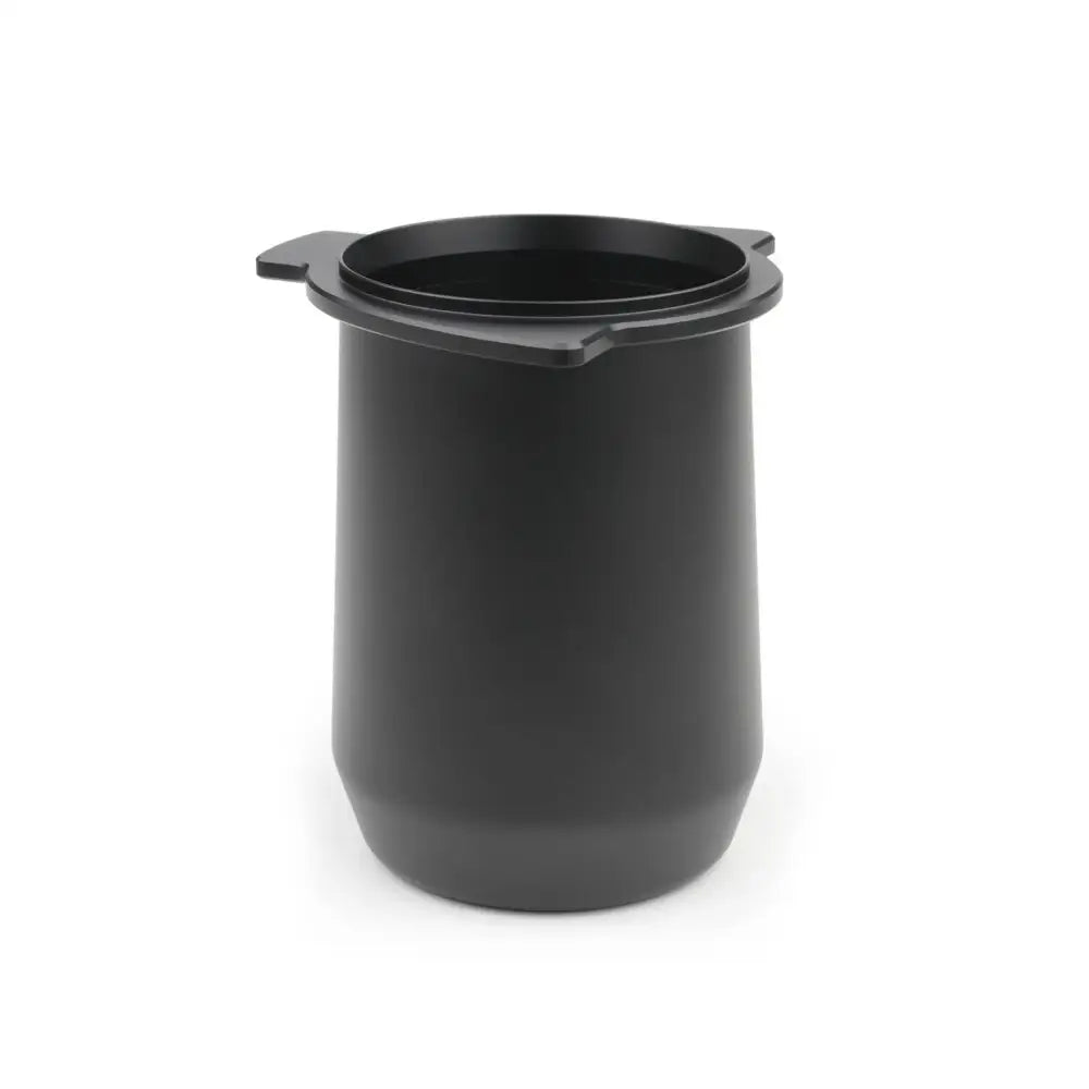 Matte black plastic espresso dosing cup with smooth cylindrical body and dual handles for precise espresso dosing