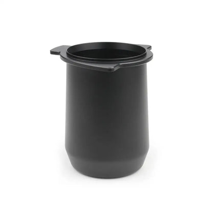 Matte black plastic espresso dosing cup with smooth cylindrical body and dual handles for precise espresso dosing
