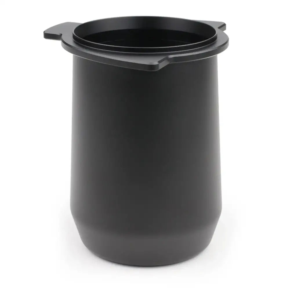 Matte black plastic espresso dosing cup with integrated side handles and flared rim for precise espresso dosing