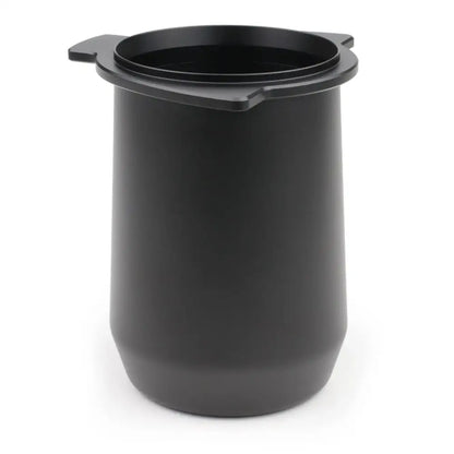 Matte black plastic espresso dosing cup with integrated side handles and flared rim for precise espresso dosing