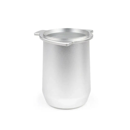 Matte black espresso dosing cup with handle and silver aluminum coffee maker with cylindrical body and two side handles