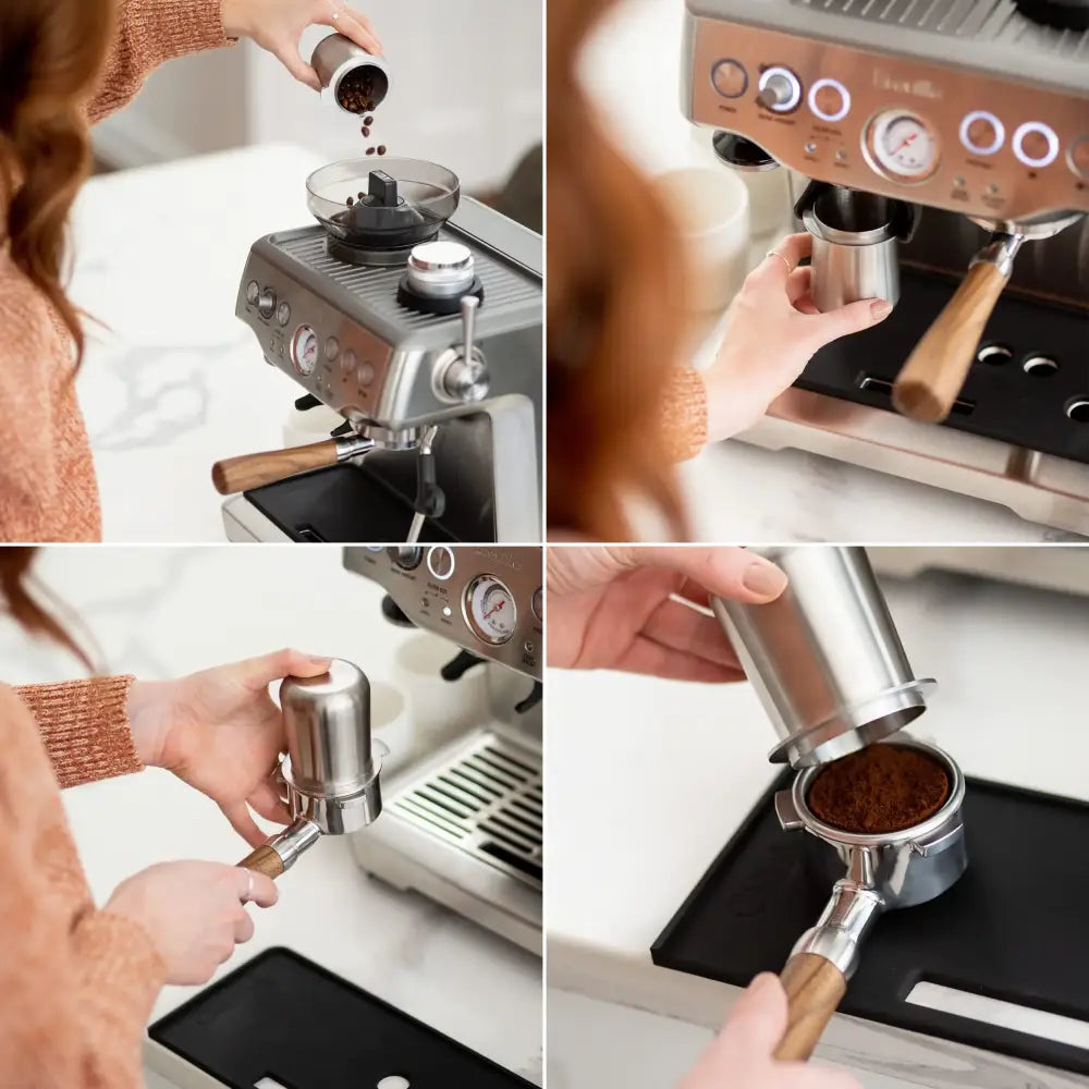 Stainless steel portafilter with wooden handle next to matte black espresso dosing cup for precise espresso dosing