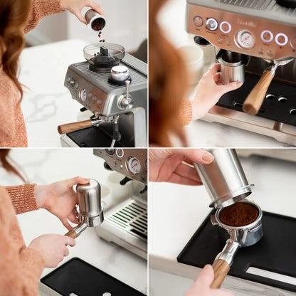 Stainless steel portafilter with wooden handle next to matte black espresso dosing cup for precise espresso dosing
