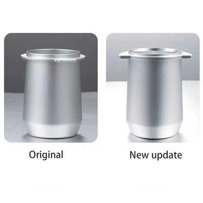 Matte black espresso dosing cup with handle showing silver cylindrical original and updated models for espresso dosing