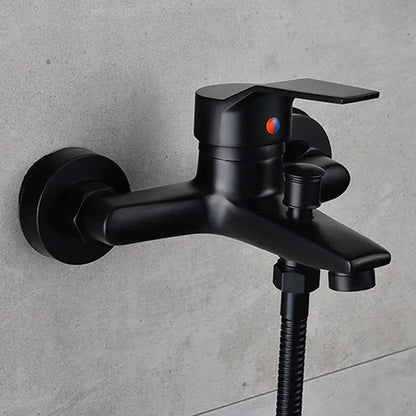 Black matte-finish shower faucet with handheld mixer and red blue temperature indicator by decorbites black finish