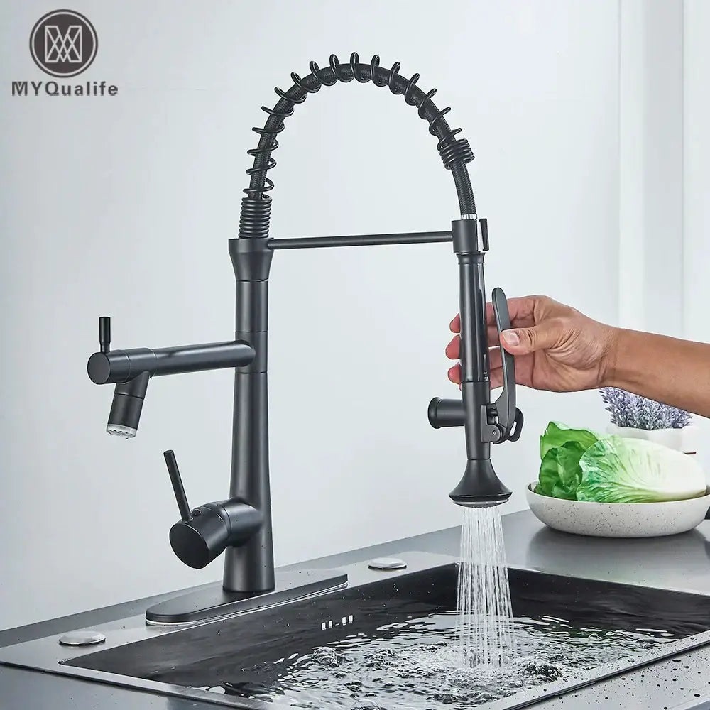Matte black flexible led kitchen faucet with dual spout mixer and coiled gooseneck pull-down spray head