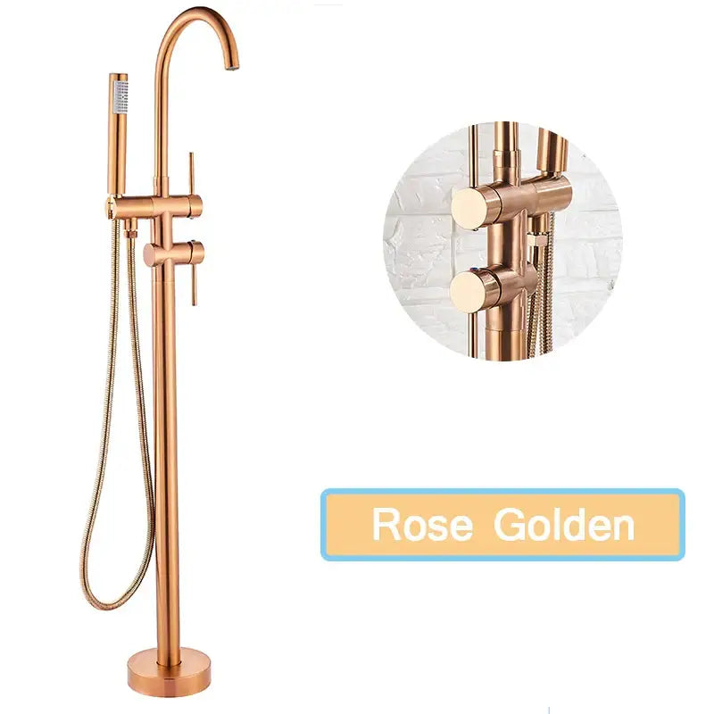 Matte black floor standing bathtub faucet with led swivel spout and rose gold freestanding handheld showerhead decorbites black floor