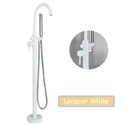 A sleek modern lacquer white freestanding bathtub faucet with chrome accents for black floor standing decorbites use
