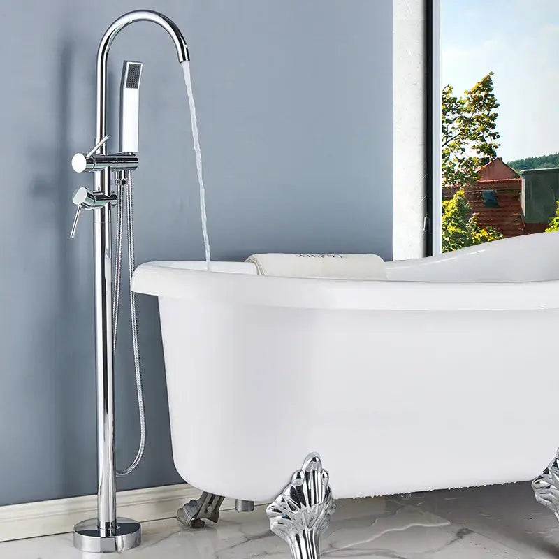 Chrome finished freestanding bathtub faucet with tall curved spout and detachable showerhead for decorbites black floor standing use