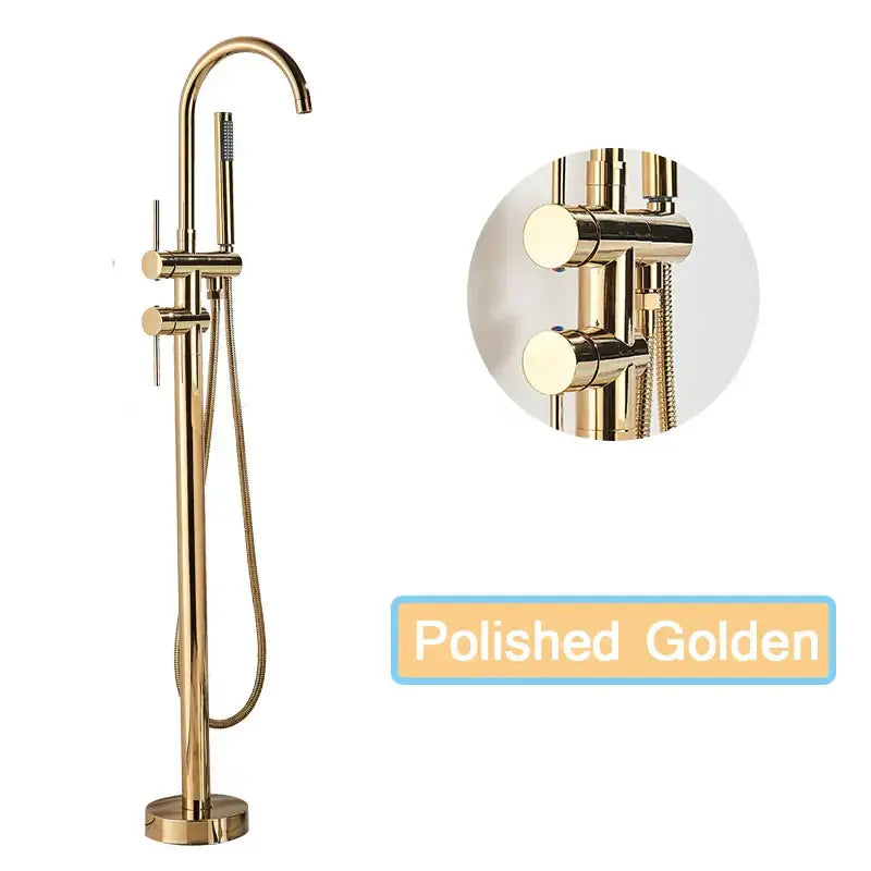 Polished golden freestanding bathtub faucet with integrated handheld showerhead complementing decorbites black floor standing design