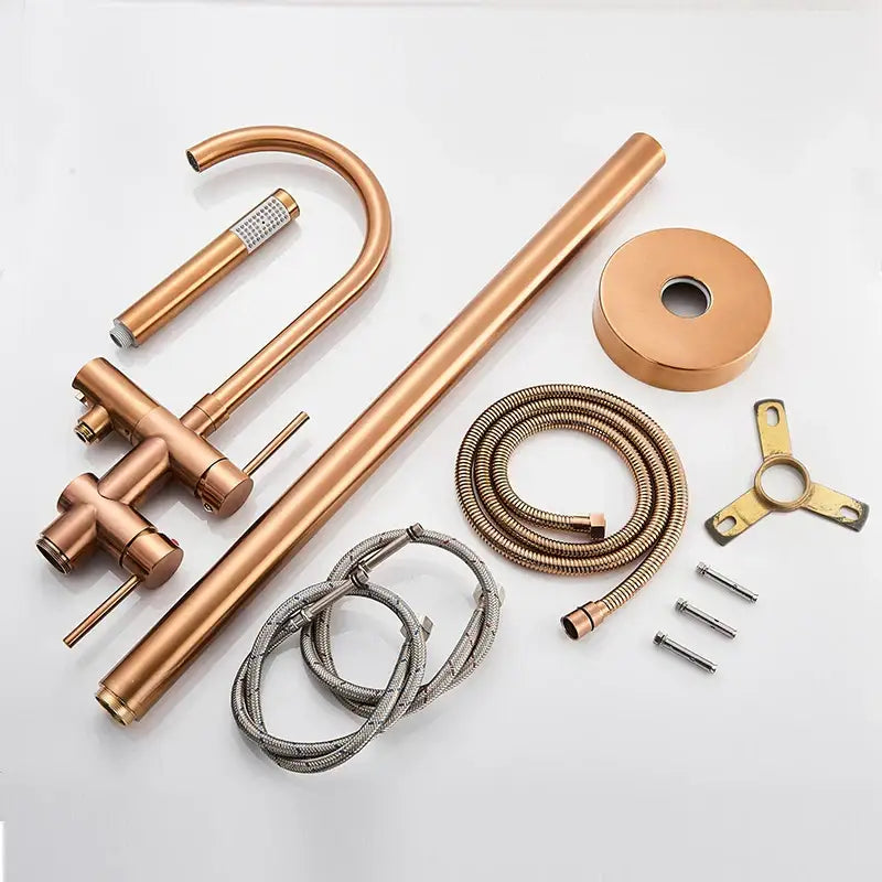 Copper-finished bathtub faucet set with curved spout handheld showerhead and flexible hoses for decorbites black floor standing use