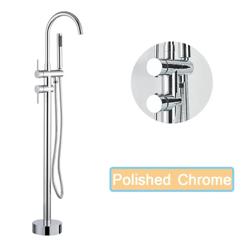 Polished chrome bathtub faucet with sleek modern design and integrated handheld showerhead in black floor standing decorbites style