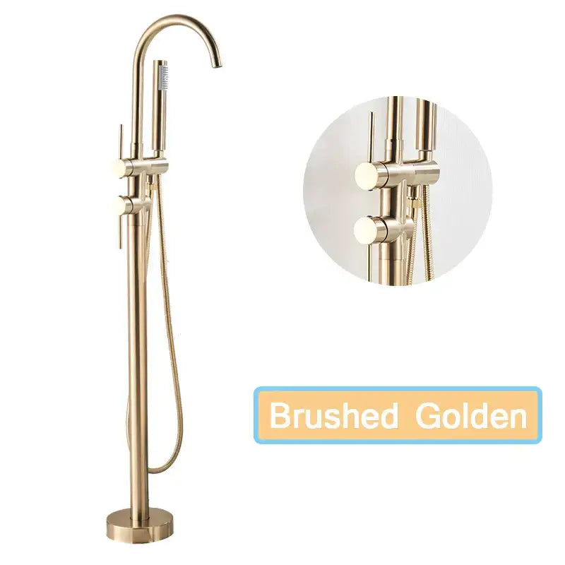 Brushed golden freestanding bathtub faucet with curved spout and handheld showerhead for decorbites black floor standing use