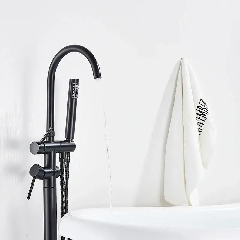 Matte black floor standing bathtub faucet with led swivel spout and handheld showerhead by decorbites black floor