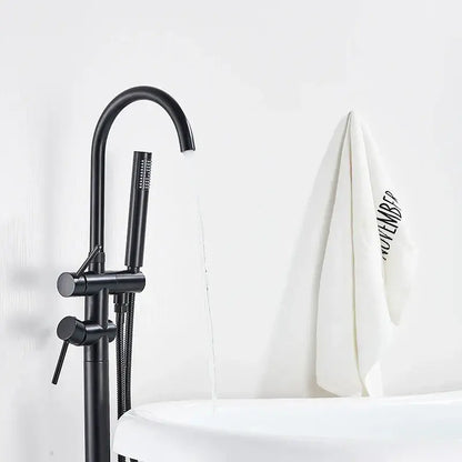 Matte black floor standing bathtub faucet with led swivel spout and handheld showerhead by decorbites black floor