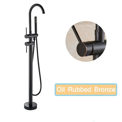 Matte black floor standing bathtub faucet with oil rubbed bronze finish and led swivel spout with handheld showerhead