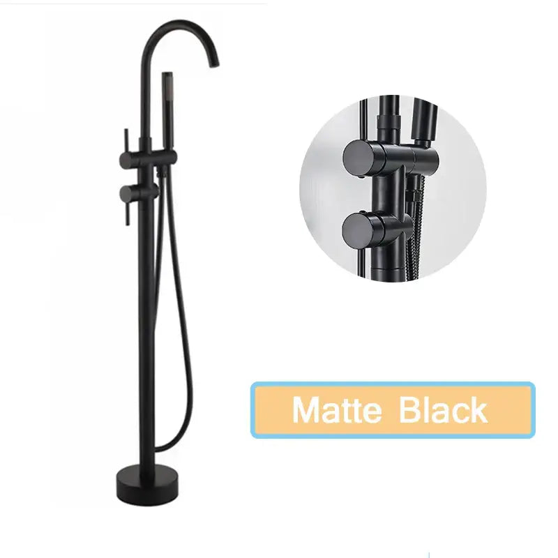 Matte black floor standing bathtub faucet with led swivel spout and integrated handheld showerhead for modern decorbites black floor