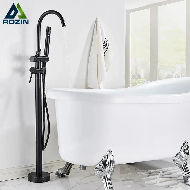 Matte black floor standing bathtub faucet with led swivel spout and handheld showerhead by decorbites black floor standing