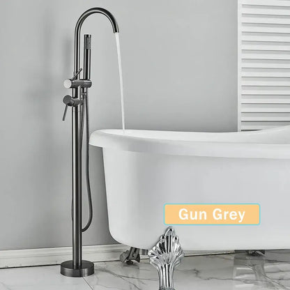 Matte black floor standing bathtub faucet with led swivel spout featuring gun grey freestanding faucet and handheld showerhead