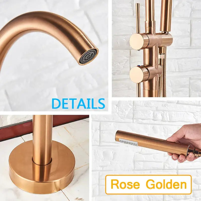 Rose golden bathroom faucet set with sleek modern design and brushed metal finish for decorbites black floor standing use