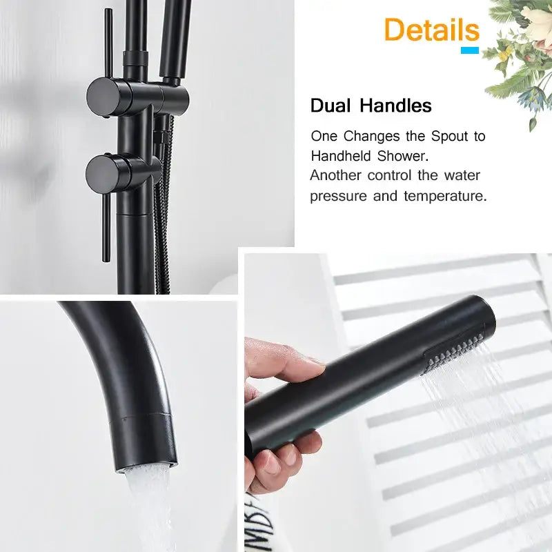 Matte black floor standing bathtub faucet with led swivel spout and dual handles black matte finish decorbites black floor