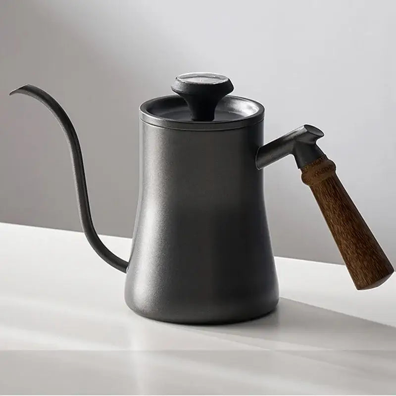 Matte black hand punch coffee pot with wooden handle and gooseneck spout kettle for precise pouring