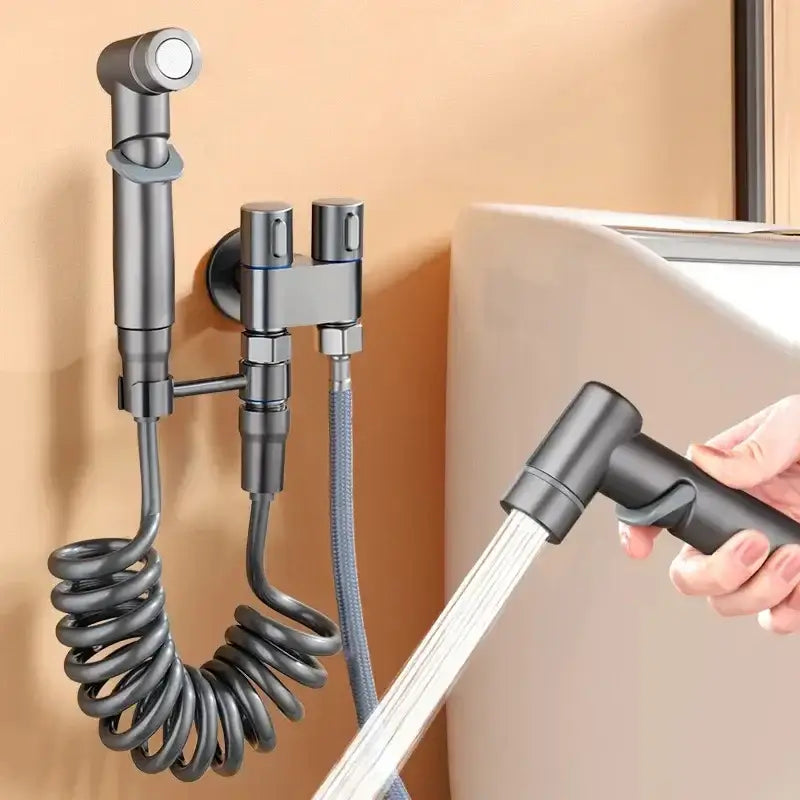 Matte black decorbites hygienic bidet sprayer with coiled hose and dual-control valve for bathroom use