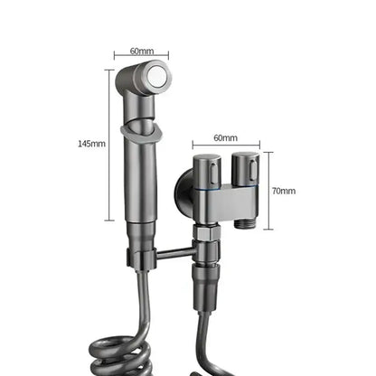 Matte black hygienic bidet sprayer with coiled hose and dual-control valve assembly for bathroom use by decorbites