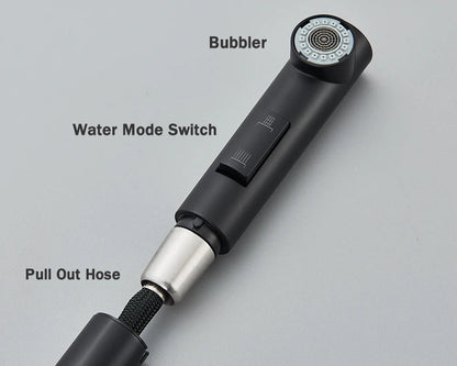 Matte black and silver deck mounted pull out kitchen faucet with textured nozzle single hole design and braided hose