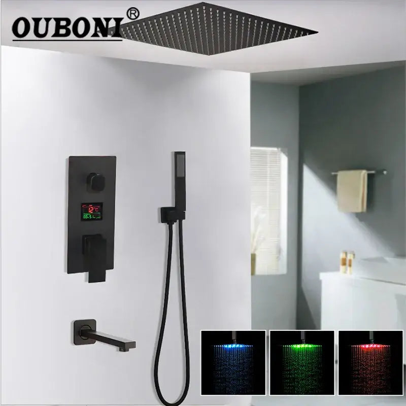 Matte black led digital shower faucet set with black matte ouboni rain shower head featuring blue green and red led lighting