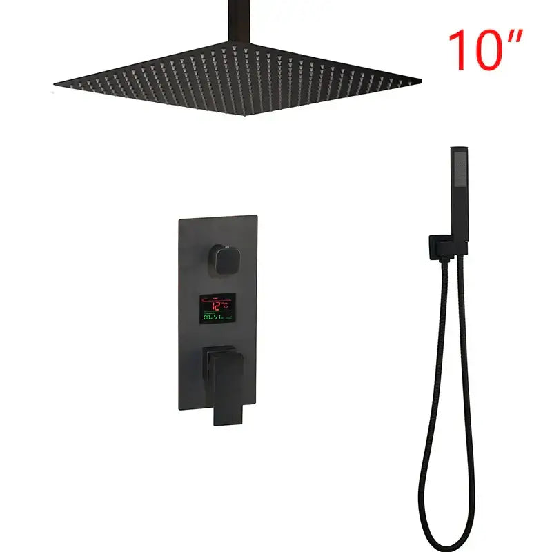 Matte black shower faucet set featuring a square rain shower head with led digital temperature display and handheld attachment