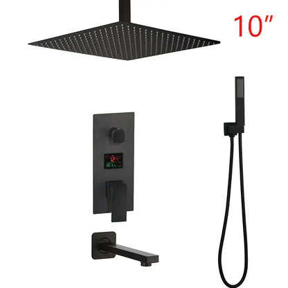Matte black shower faucet set with led digital temperature display and handheld shower attachment for bathroom use