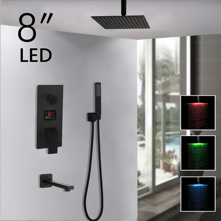 Matte black led digital shower faucet set with 8-inch black matte finish led rainfall shower head and color-changing lighting