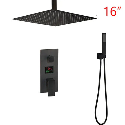 Matte black led digital shower faucet set with 16-inch matte black rain shower head and matching handheld faucet set