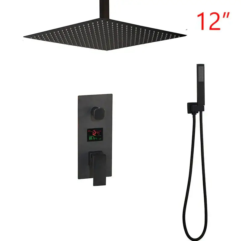 Matte black led digital shower faucet set with 12-inch square rain shower head and matching handheld control valve