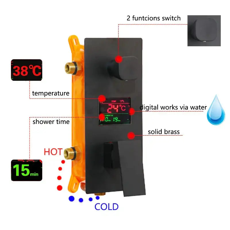 Matte black solid brass shower faucet set with led digital display showing temperature and time for bathroom use