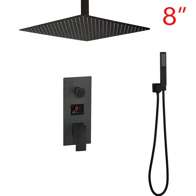 Matte black shower faucet set with square rain head digital temperature display and handheld shower attachment