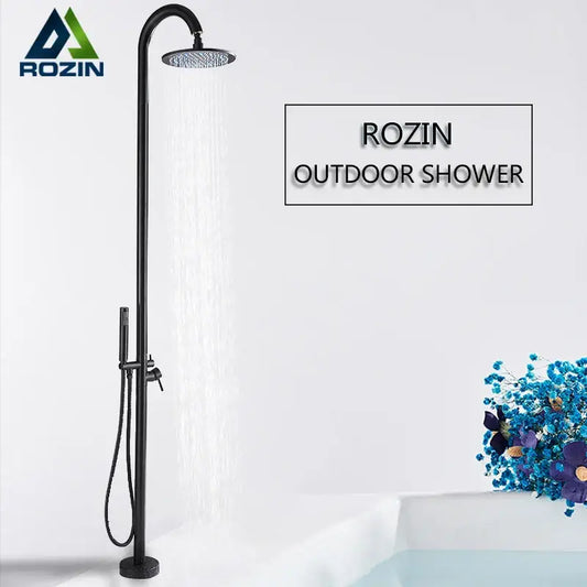 Matte black rozin outdoor shower set with led rainfall arched rainhead and handheld spray nozzle in matte finish