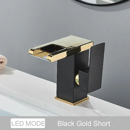 Matte black led waterfall basin faucet with black and gold short modern rectangular design and polished metallic finish