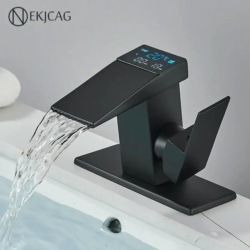 Matte black led waterfall basin faucet with sleek waterfall spout and illuminated temperature display by decorbites